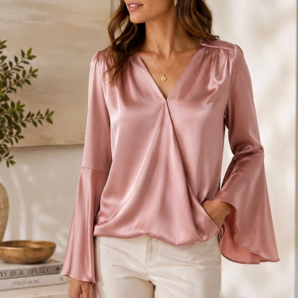 WHBM Charm Surplice Satin Blouse Antique Bloom Bell Sleeve Pink Size 0 Romantic